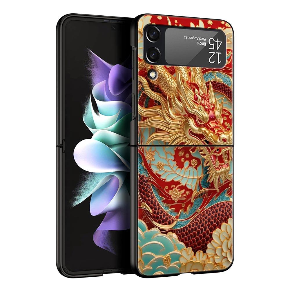 Chinoiserie Loong Flower Dragon Hard PC Phone Case For Samsung Galaxy Z Flip 7 6 5 4 Black Cover For Galaxy Z Flip 3 Foldable