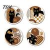 Black Cat Silhouette Wall Hanging 4Pcs Wooden Decor, 2D Flat Geometric Hollow Art Prints Solid Wood Decorative Panels Art, Modern Minimalist Signs for