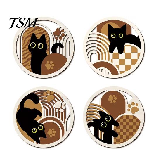 Black Cat Silhouette Wall Hanging 4Pcs Wooden Decor, 2D Flat Geometric Hollow Art Prints Solid Wood Decorative Panels Art, Modern Minimalist Signs for