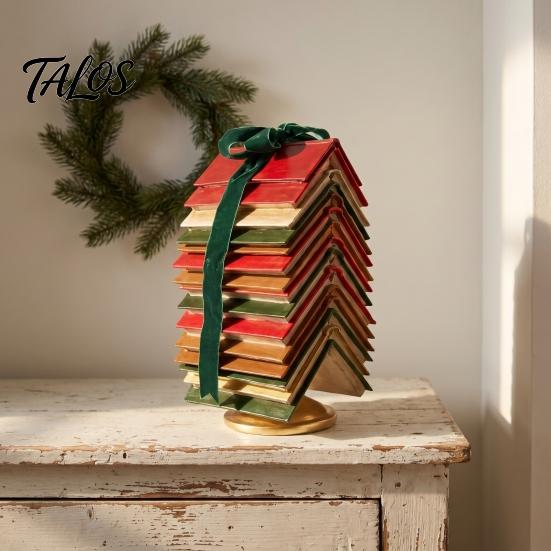 Vintage Hardcover Book Stack Figurine Stacked Christmas Tree Tabletop Decor, Resin Page Ornament for Home Creative Literature Themed Xmas Gift Office