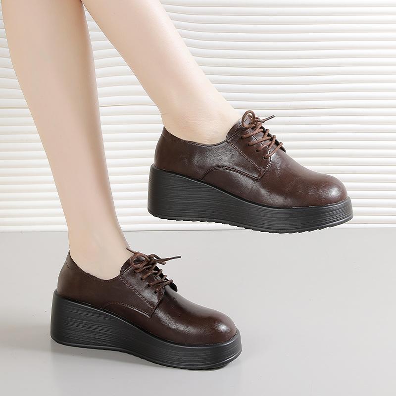 Women's Spring and Autumn Work Shoes Thick-Soled Leather Shoes Women's Platform Lace-up Wedge Heel Single Shoes Commuter Shoes