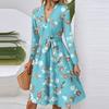 Women's Fashion Casual V-Neck Long Sleeve Waist Floral Print Midi Dress