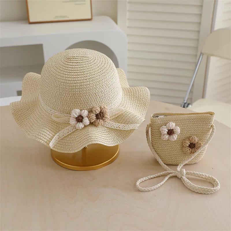 

3D Flower Girls Straw Hat and Crossbody Bag Set Lace Bow Wide Brim Fisherman Cap Summer Beach Accessories for Toddler Teens child 52-54cm