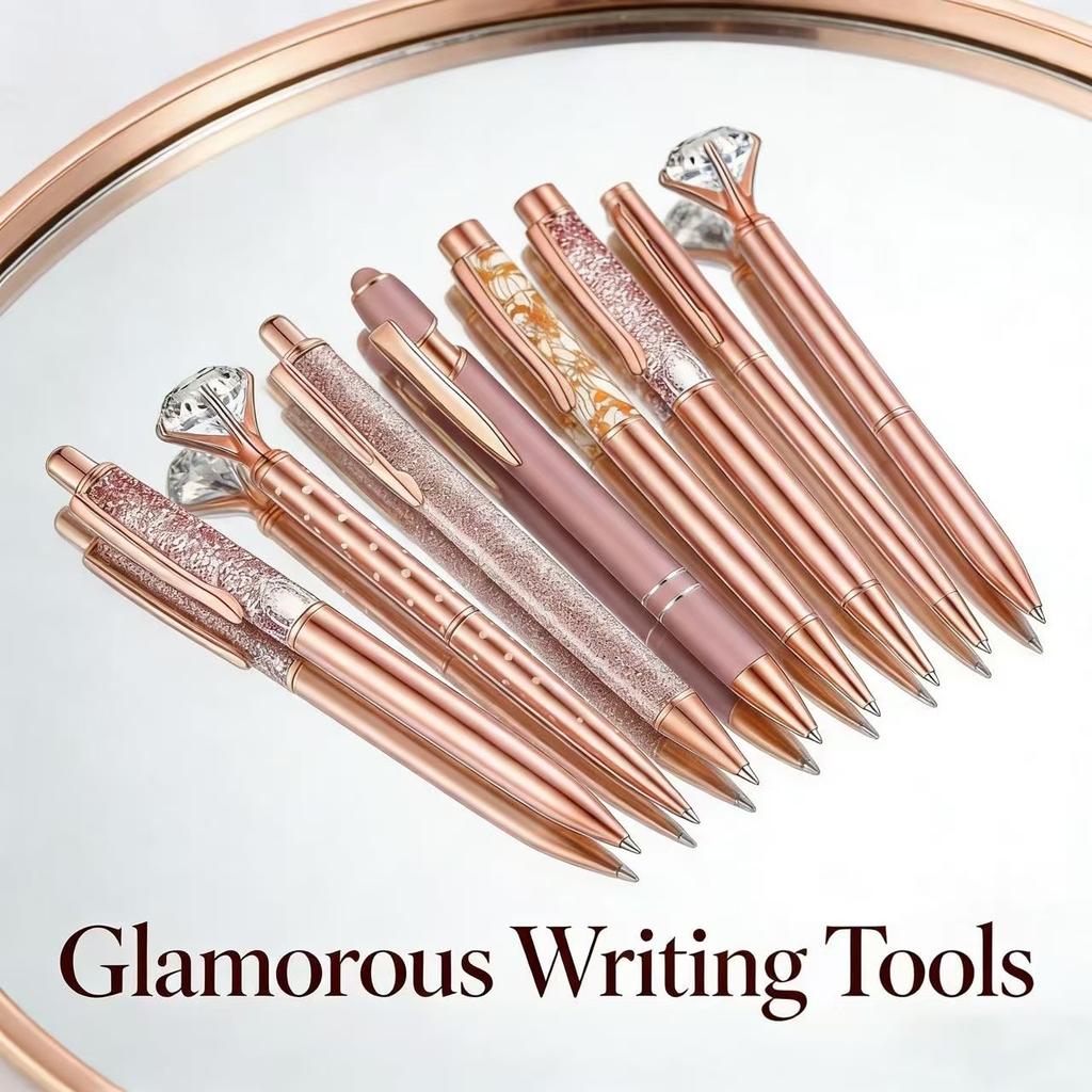 8pcs Rose Golden Ballpoint Pen Set - Stylish Metal Pens with Crystal Accents - Perfect for Students, Office, Gifts, Luxury Pen