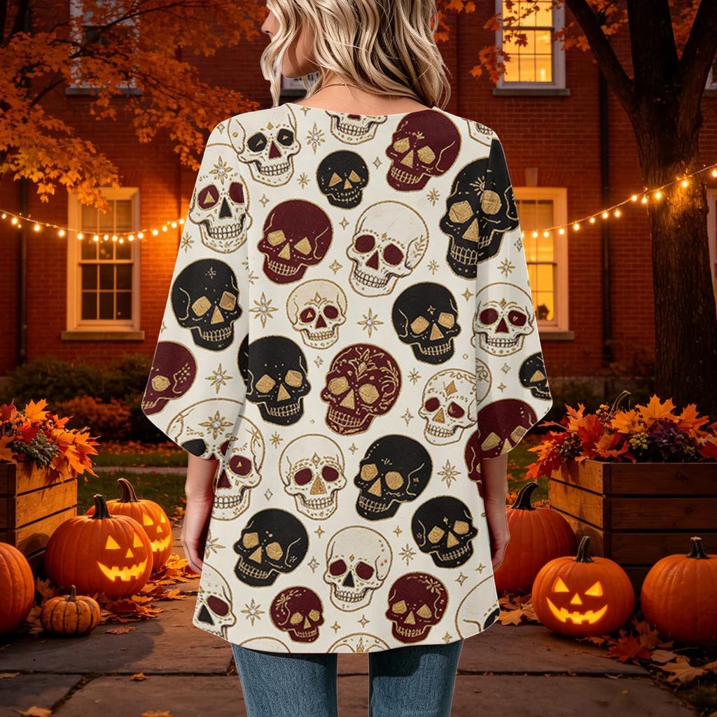 Women's Halloween Print Casual Neck Loose Fit 3/4 Sleeve Top
