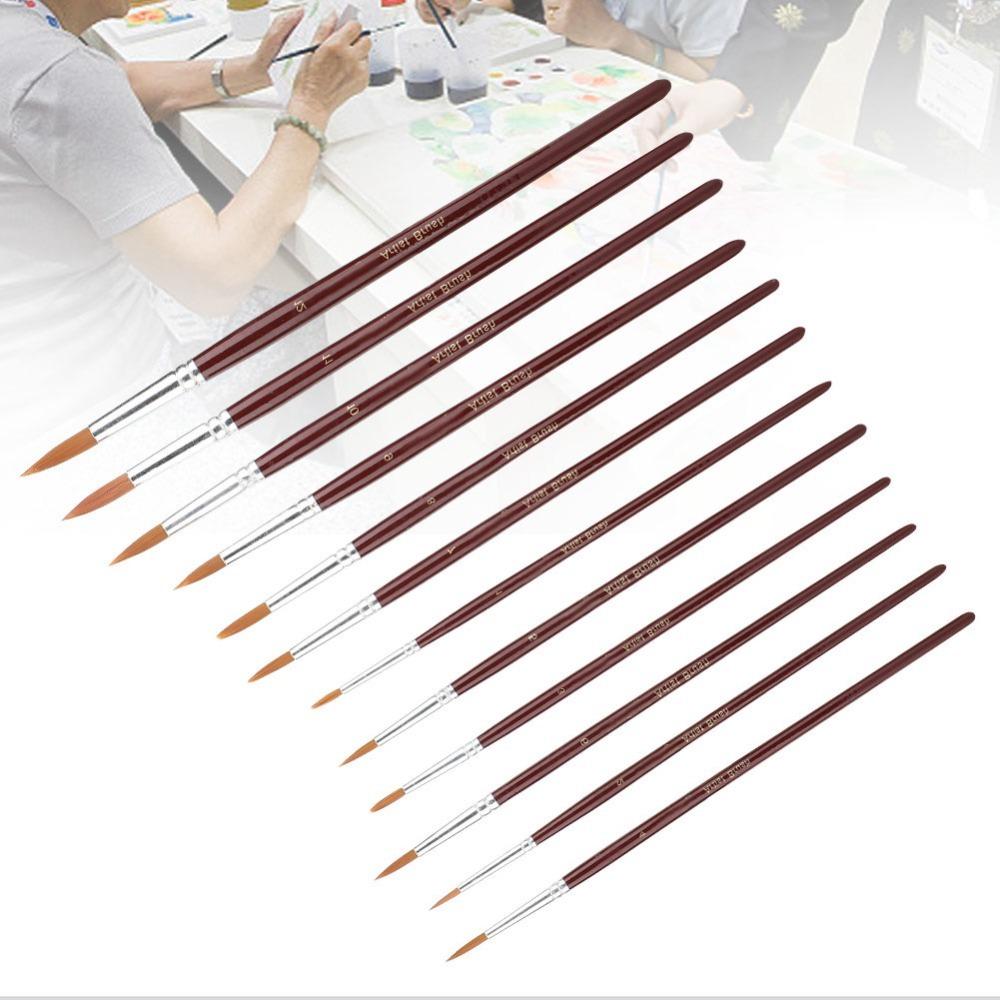 12PCS Round & Flat Head Paint Brush Set Wine Red Polished Handle Soft Nylon Fiber Watercolor Brushes Reinforced Connection