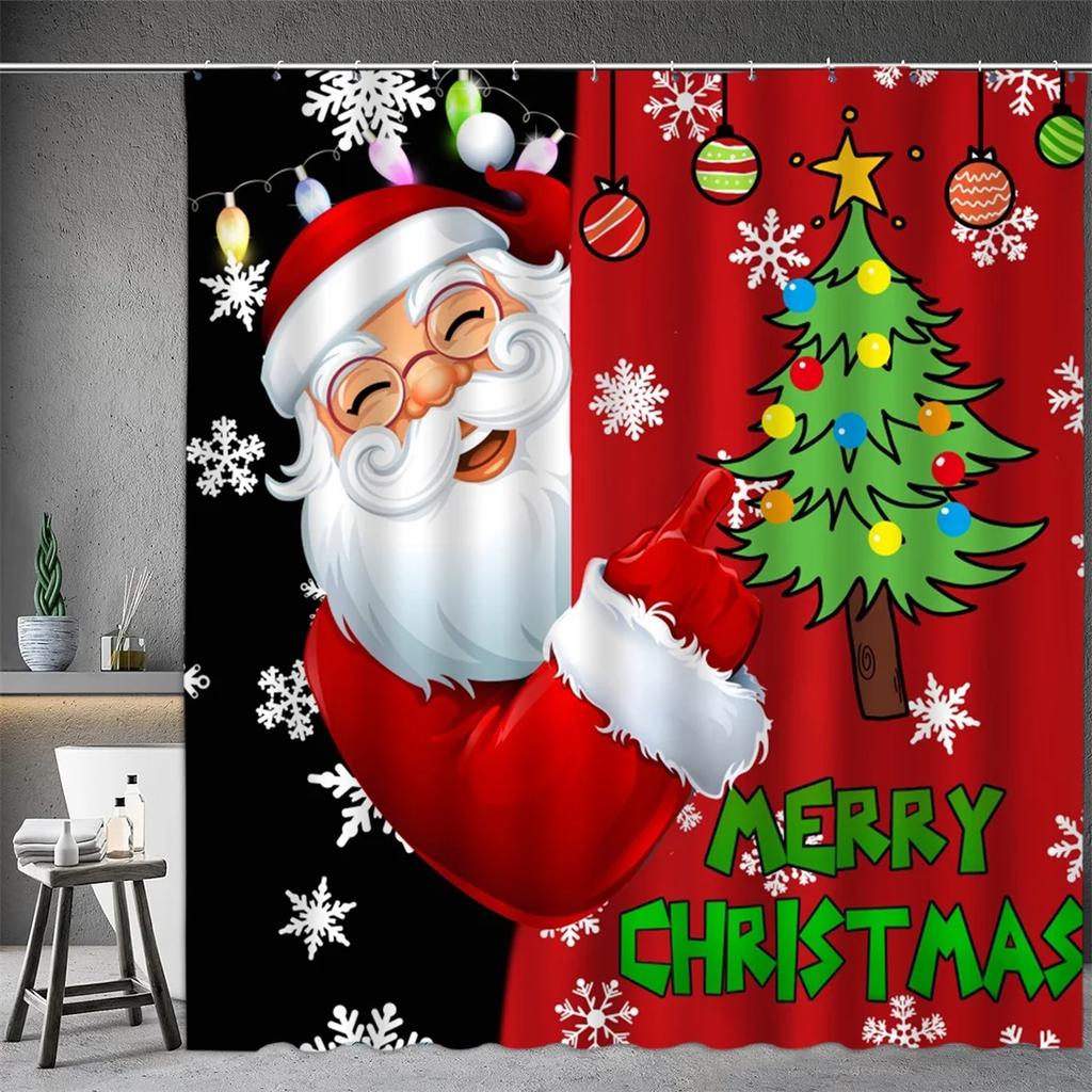 Christmas Shower Curtain, Winter Snowman Santa Claus Snowflake Gnome Farm Truck Berry Christmas Tree Cartoon Bathroom Decorati