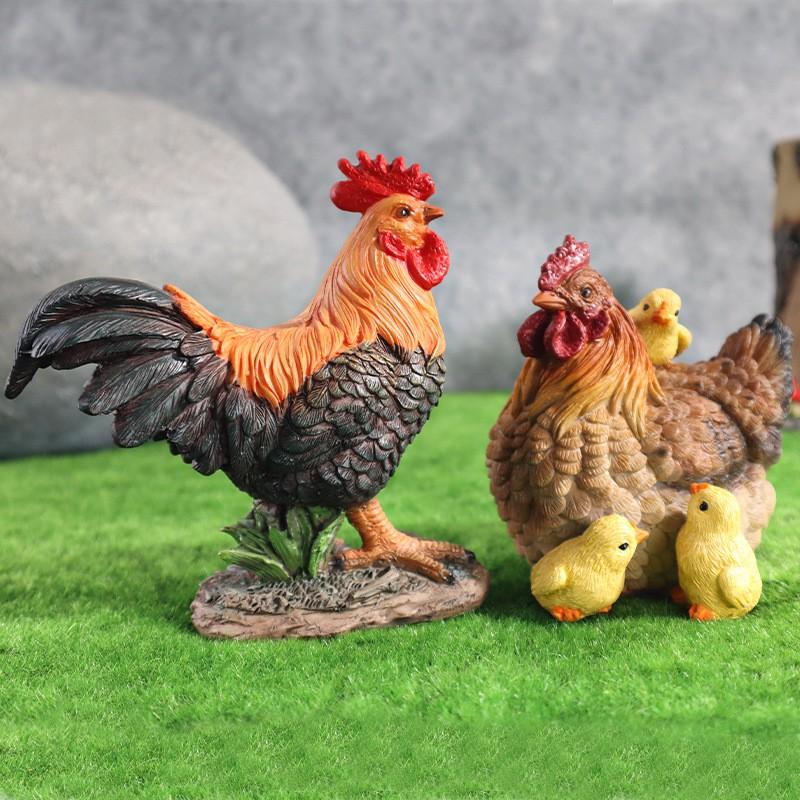 Rustic Farmhouse Rooster Hen With Three Chicks Garden Decor Resin Figurine Outdoor Yard Ornament