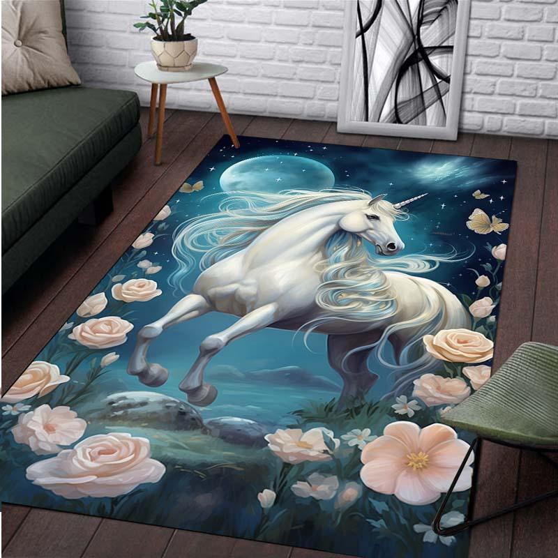Unicorn and Roses Rug for Elegant Interiors - Magical Horse Design Carpet with Floral Accents for Living Room or Bedroom Decor