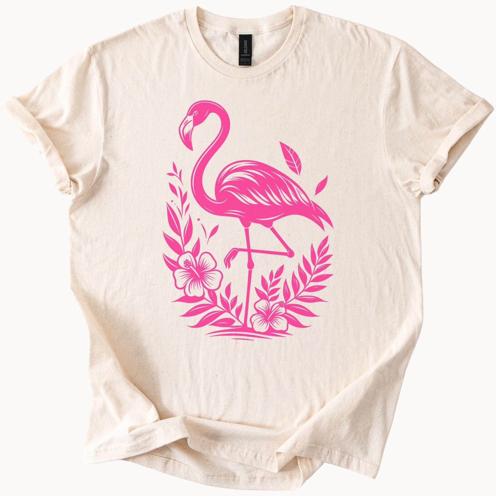 Pink Flamingo Graphic T Shirt Tropical Floral Hibiscus Flower Design Nature Animal Art Summer Beach Shirt Gift for Her or Him 110