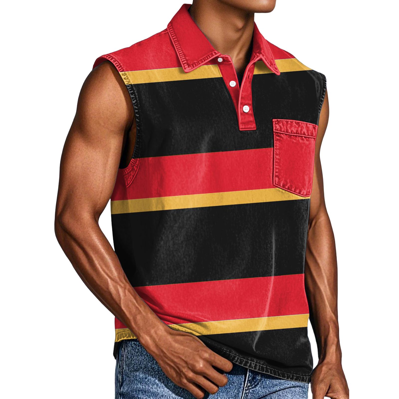 

Men Sleeveless Polo Shirt with Button Down Collar and Chest Pocket Horizontal Stripe Print Casual Fit Top XXL червоний
