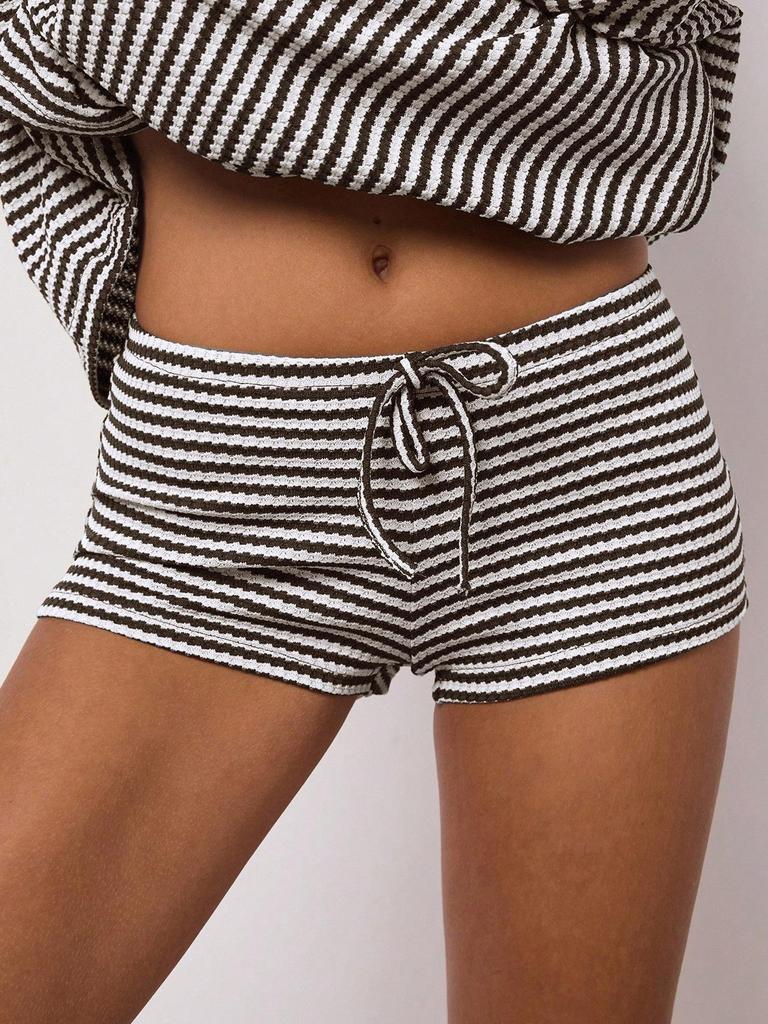 Trendy Sporty Striped Two-Piece Set: Loose Long Sleeve Top & Drawstring Shorts