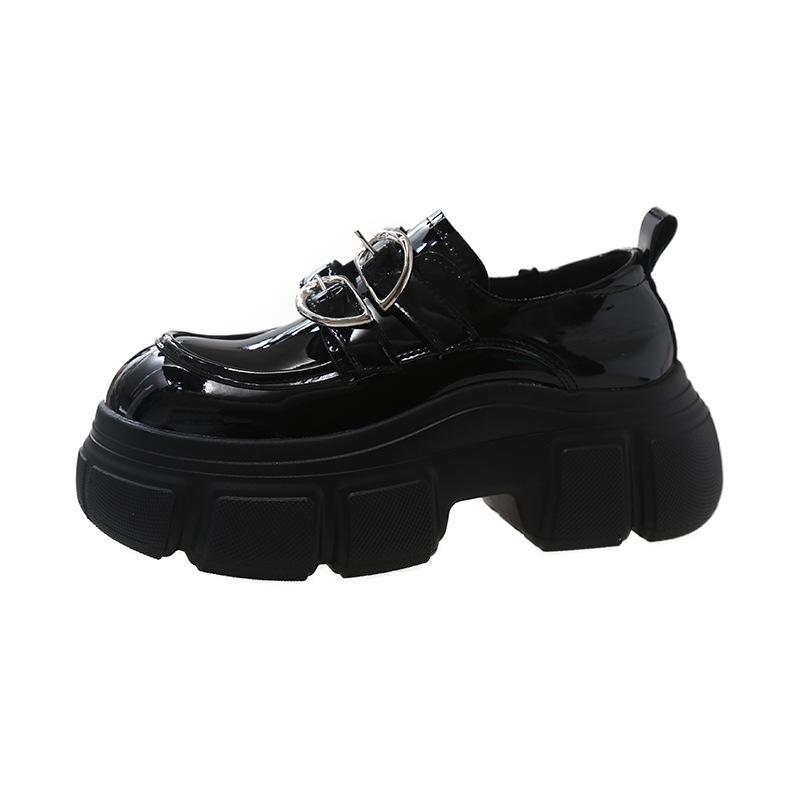 thick-soled double-buckle loafers, leather Velcro thick-heeled women's shoes, versatile muffin-soled leather shoes, high-heeled deep-mouth