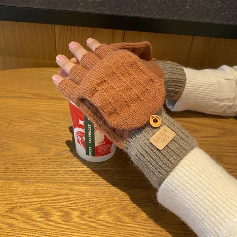 Warm gloves women's autumn and winter camel wool knitted outdoor antifreeze velvet thickened cute