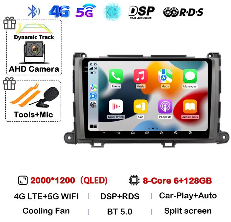 Android 14 Carplay Car Radio Player for Toyota Sienna 2009 2010 2011 2012 2013 2014 2Din Multimedia Autoradio Navigation GPS DSP