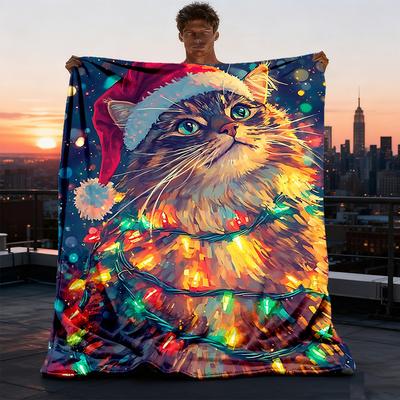 1pc Christmas Cat Outdoor Soft Polyester Flannel Throw Blanket Versatile for All Seasons , Soft , Cozy , Warm All Season Quilted Throw ,
