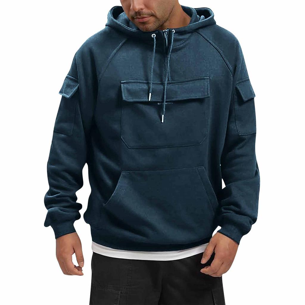 Men's Hooded Color Sweater, European And American Youth Sports Multi Pocket Patch Leather Sweater Jacket