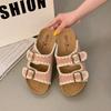 Cowhide version muffin thick-bottomed one-word slippers for women's summer wear summer cork beach cool slippers