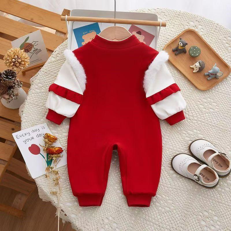 Mono Rojo para Bebé de Mes Completo con Forro de Forro Polar Ropa Otoño e Invierno Estilo Chino Romper para Bebé de Un Año Cien Días