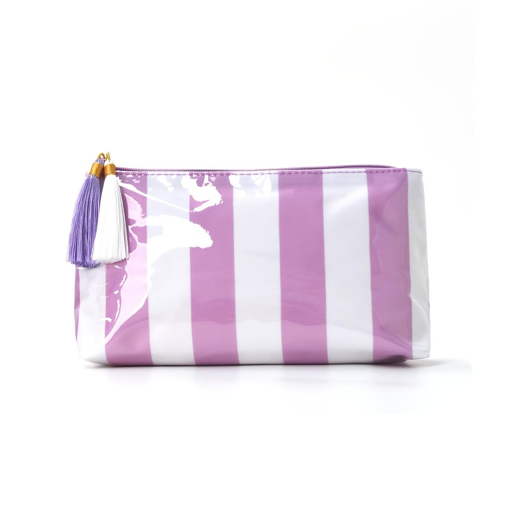 Pink White Striped Waterproof Makeup Bag With Two-Tone Tassel Zipper Pull