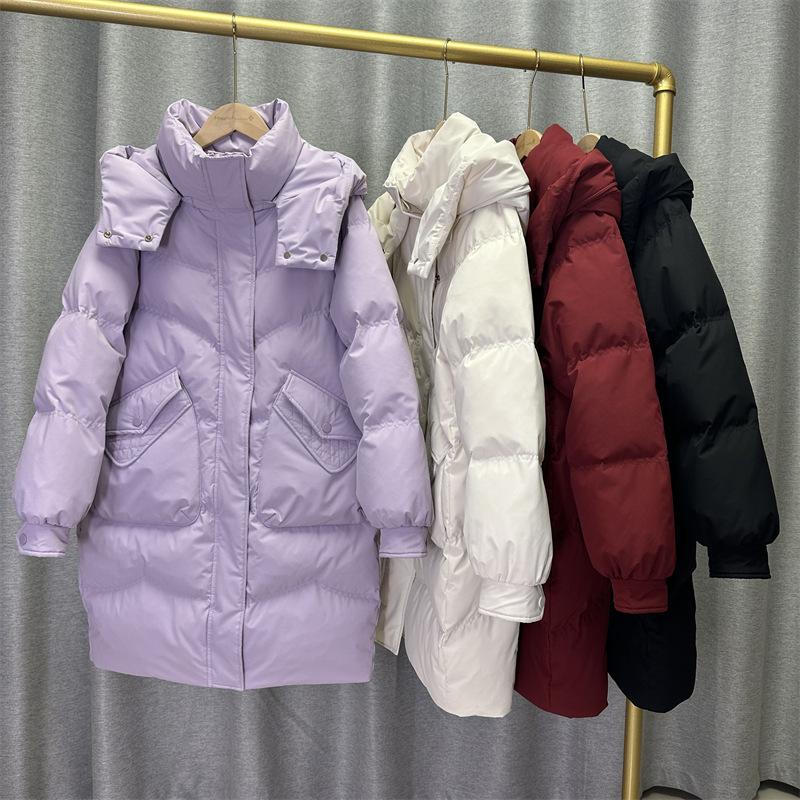 Women's Winter Autumn Thick Hooded White Duck Down Jacket Coat Loose Middle Long Solid Color Big Pocket Detachable Hat Down Coat