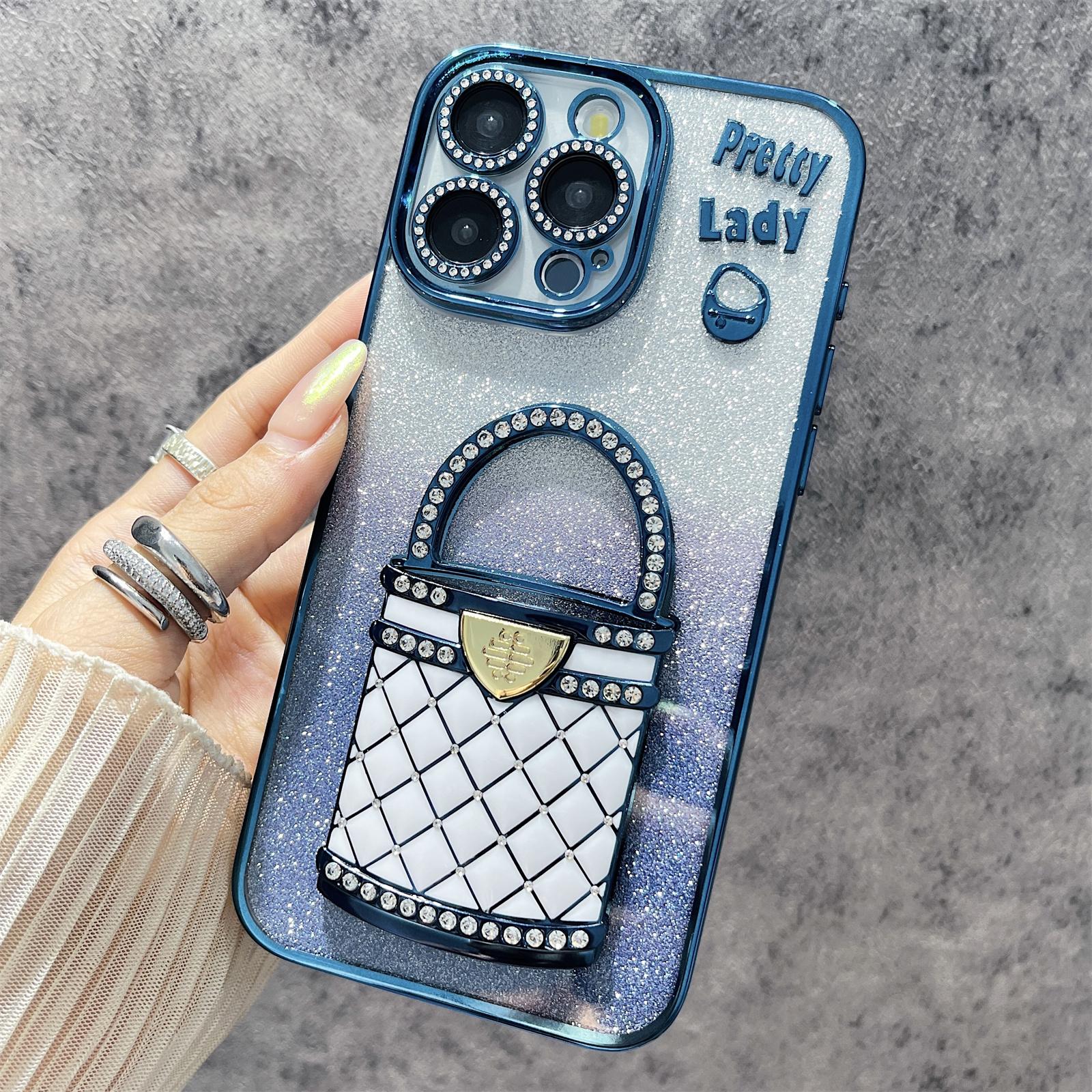 

For iPhone 15 Pro Case Mirror Kickstand TPU+PC Gradient Glitter Phone Cover Blue