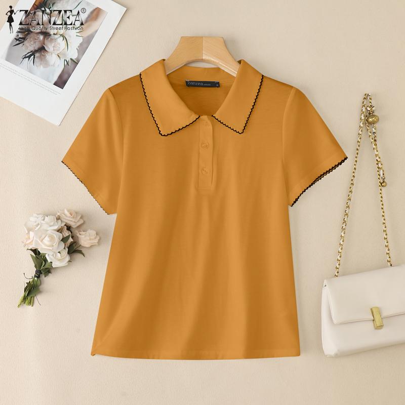 

ZANZEA Женская блузка с лацканами, коротким рукавом, отделкой волнистой линией по низу, повседневные топы S жёлтый