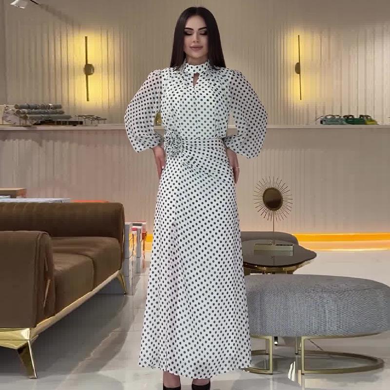 2024 Autumn Women's Polka Dot Print Elegant Round Neck Dress