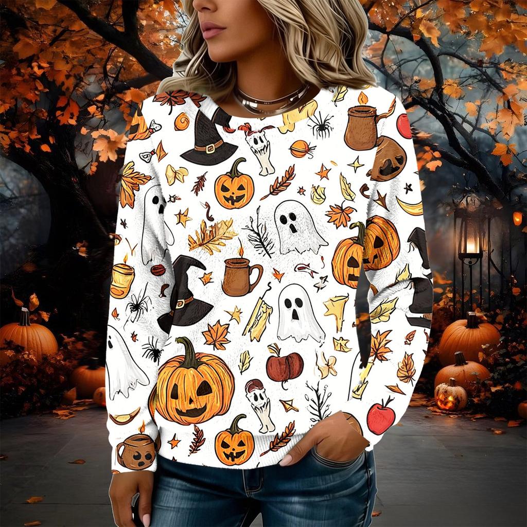 Women's Flannel Long Sleeve Top with Halloween Print Neck Pullover Shirt