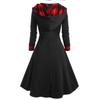 Damen Karo Patchwork Kapuzen-Stehkragen Langarm Midi A-Linien Kleid