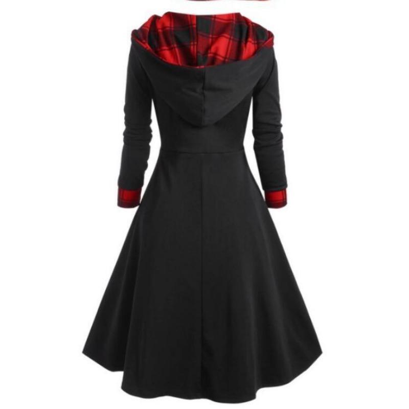Damen Karo Patchwork Kapuzen-Stehkragen Langarm Midi A-Linien Kleid