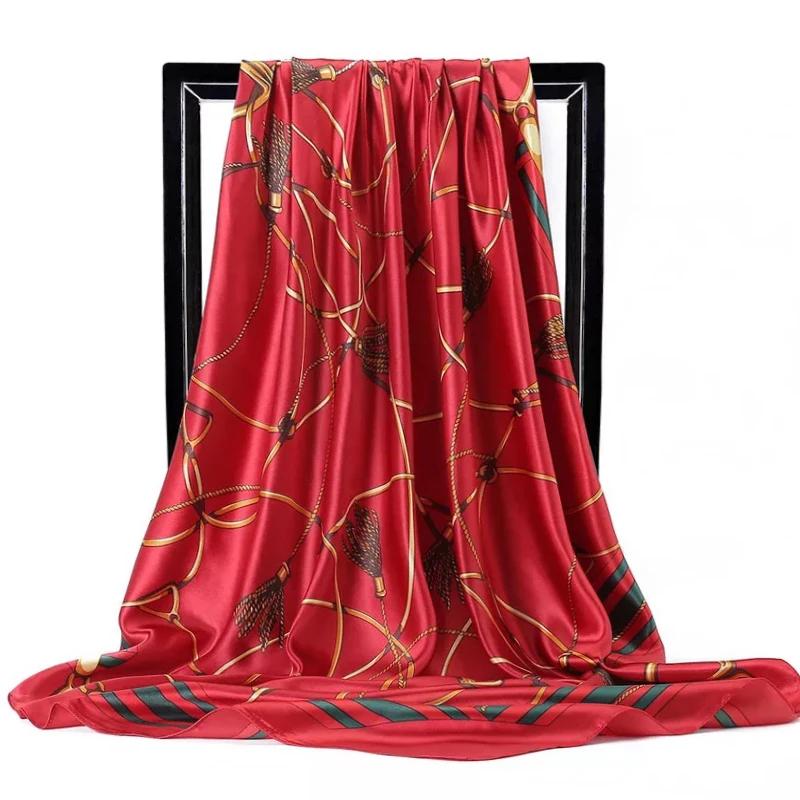 90*90Cm Satin Scarf For Women Cashew Flower Print Chain Scarf Spring And Summer  Style Shawl Scarf For Women   Style