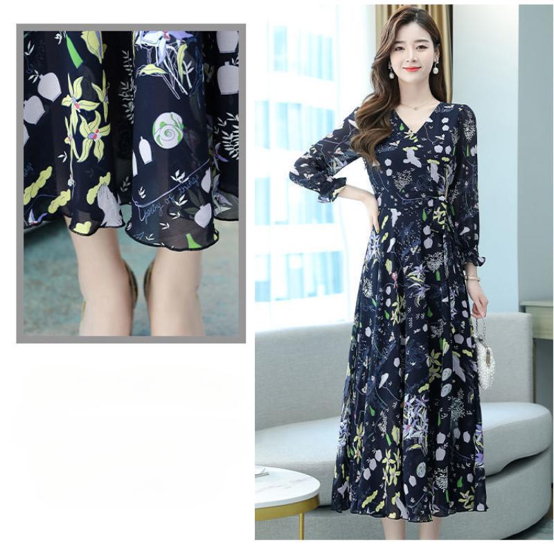 Elegant Floral Print Chiffon Dress Women's Spring Summer French Style V-neck Knee-length Fashionable Empire Waist Dresses