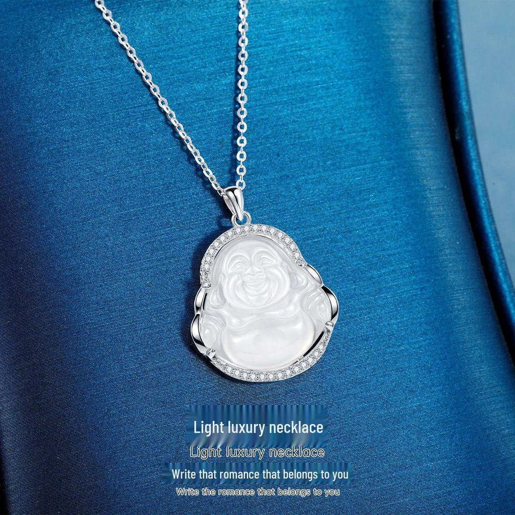 S925 Sterling Silver High Ice Chalcedony Buddha Pendant Necklace for Women - Maitreya Clavicle Chain, Simple National Trend, Mother's Day Gift.