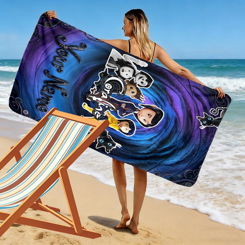 Name Custom Cartoon Coraline Print Beach Towel, Large Soft Quick Dry Towel for Beach Camping Swimming