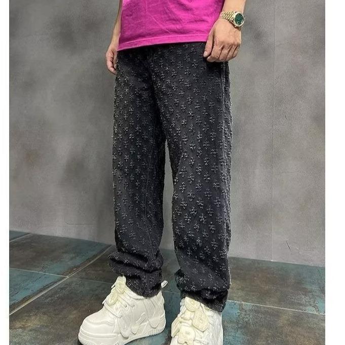 Winter Retro High Street Men's Full Print Jacquard Loose Straight-Leg Jeans