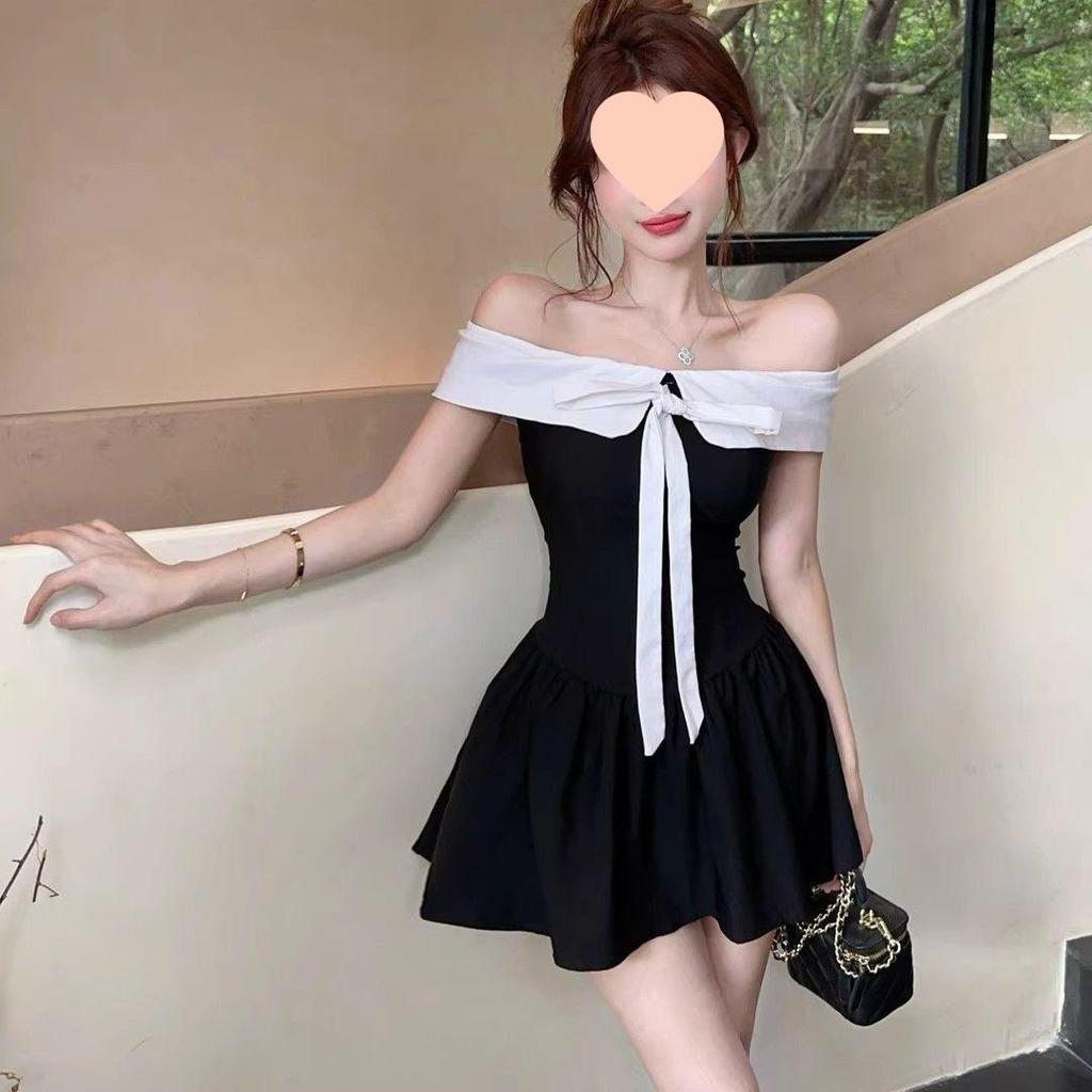 French One-Shoulder Colorblock Bow Dress - Autumn Slimming A-Line Mini Skirt