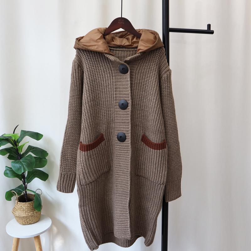 Thickened hooded splicing cotton clothes hat knitted cardigan autumn and winter new long knee loose sweater jacket women