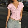 Women Summer Cowl Neck Short Sleeve Button Detail Slim Fit Solid Color Casual Blouse