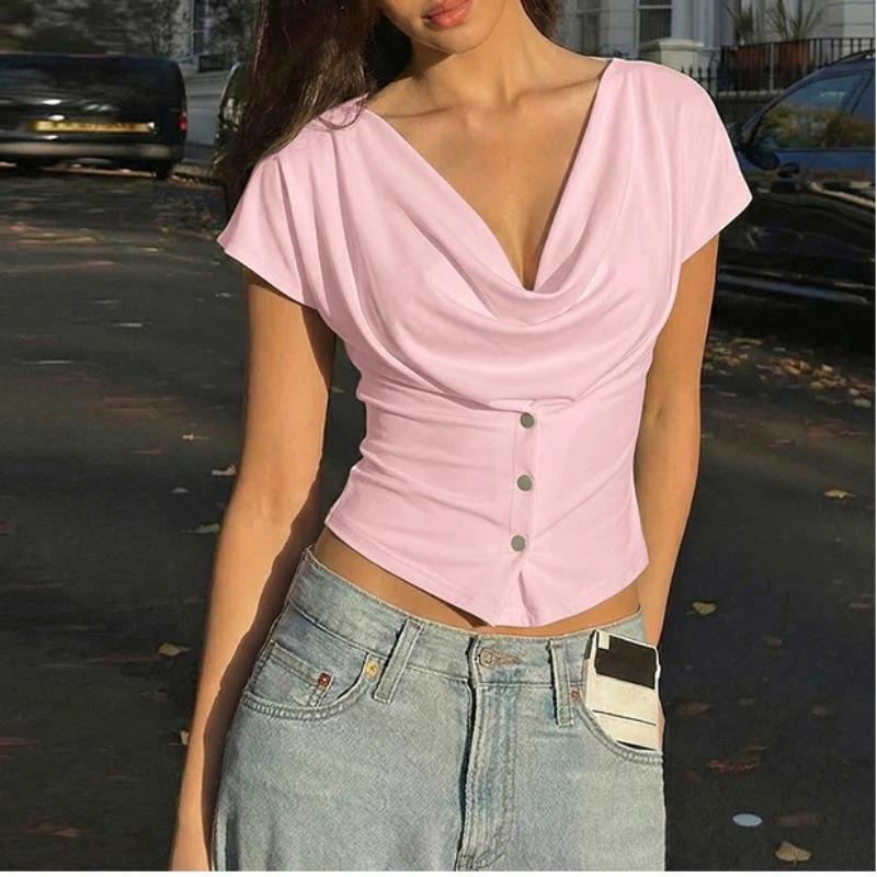 Women Summer Cowl Neck Short Sleeve Button Detail Slim Fit Solid Color Casual Blouse