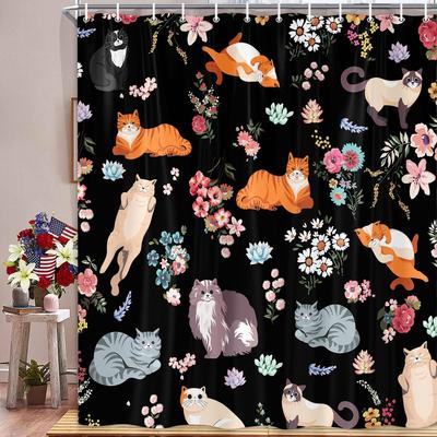 Katzen-Duschvorhang Schwarz Niedlich Lustig Floral Kätzchen Boho Badezimmer-Duschvorhang Weiße Gänseblümchen Rosen Katze Lustige Duschvorhänge