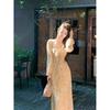 Vintage French Floral Long Sleeve Dress With Ruffle Hem For Spring Fashion