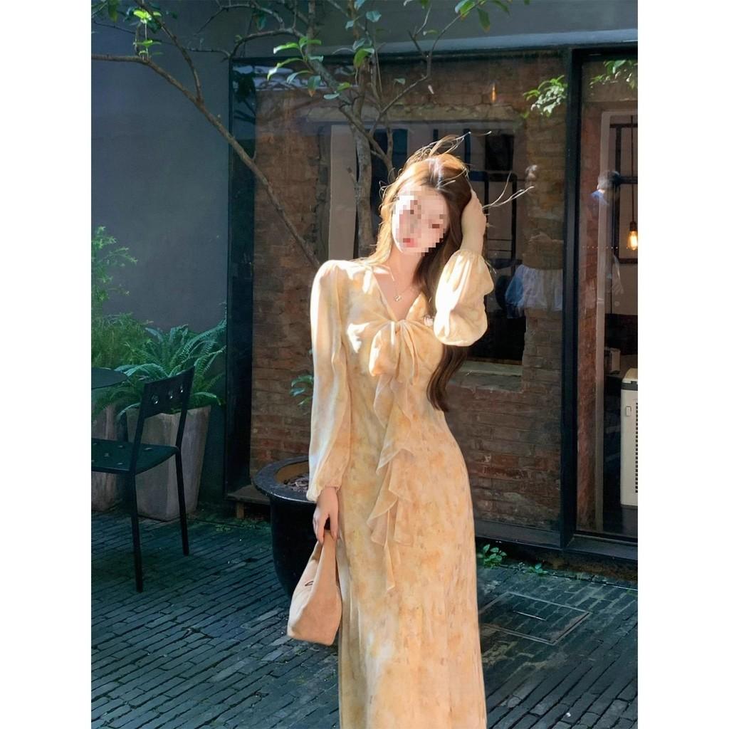 Vintage French Floral Long Sleeve Dress With Ruffle Hem For Spring Fashion