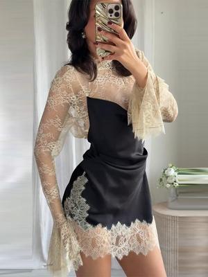 Abito Corto da Donna con Patchwork di Pizzo Abito alla Moda da Donna con Maniche a Bocciolo Floreali Nero 2025 Nuova Collezione
