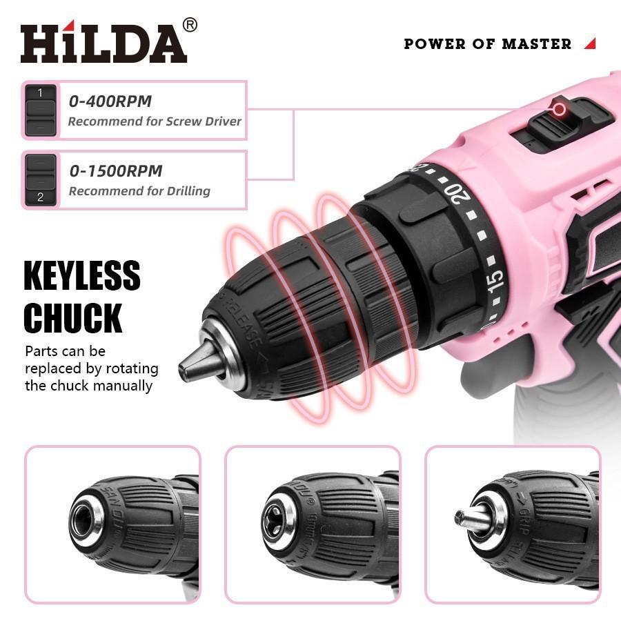12V Pink Electric Screwdriver & Impact Drill Set with Double Speed, Bits, and Accessories