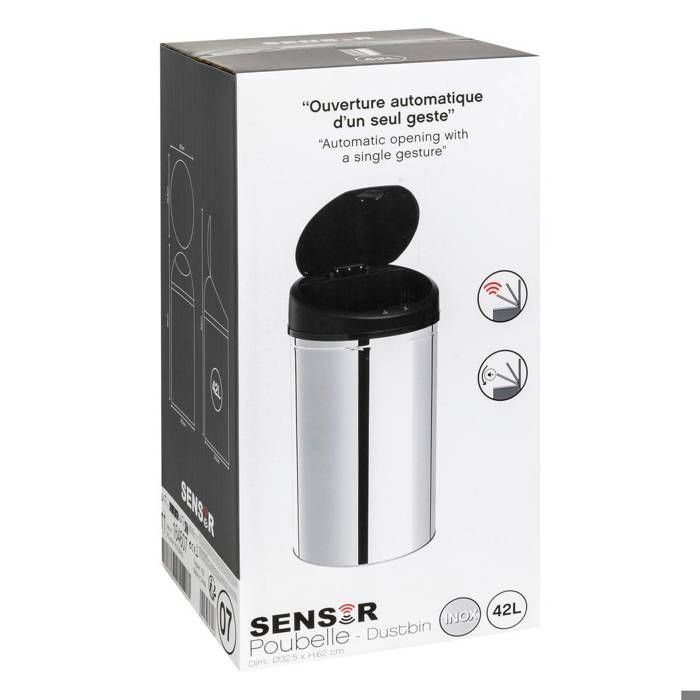 5Five - Poubelle Ronde de Cuisine en Inox 42 Litres Sensor Ouverture et Fermeture Automatique