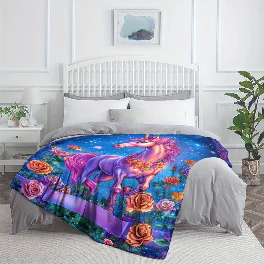 1 Rose Unicorn Pattern Flannel Blanket - Soft and Warm, Suitable for Camping, Sofas, Beds and Chairs, a Perfect Holiday Gift
