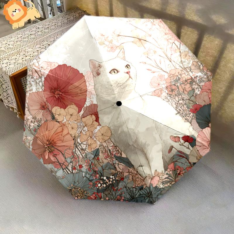 1 PC Automatic Folding Umbrella - White Cat Pattern, Portable & Foldable Design with 8 Ribs, Christmas Birthday Gifts