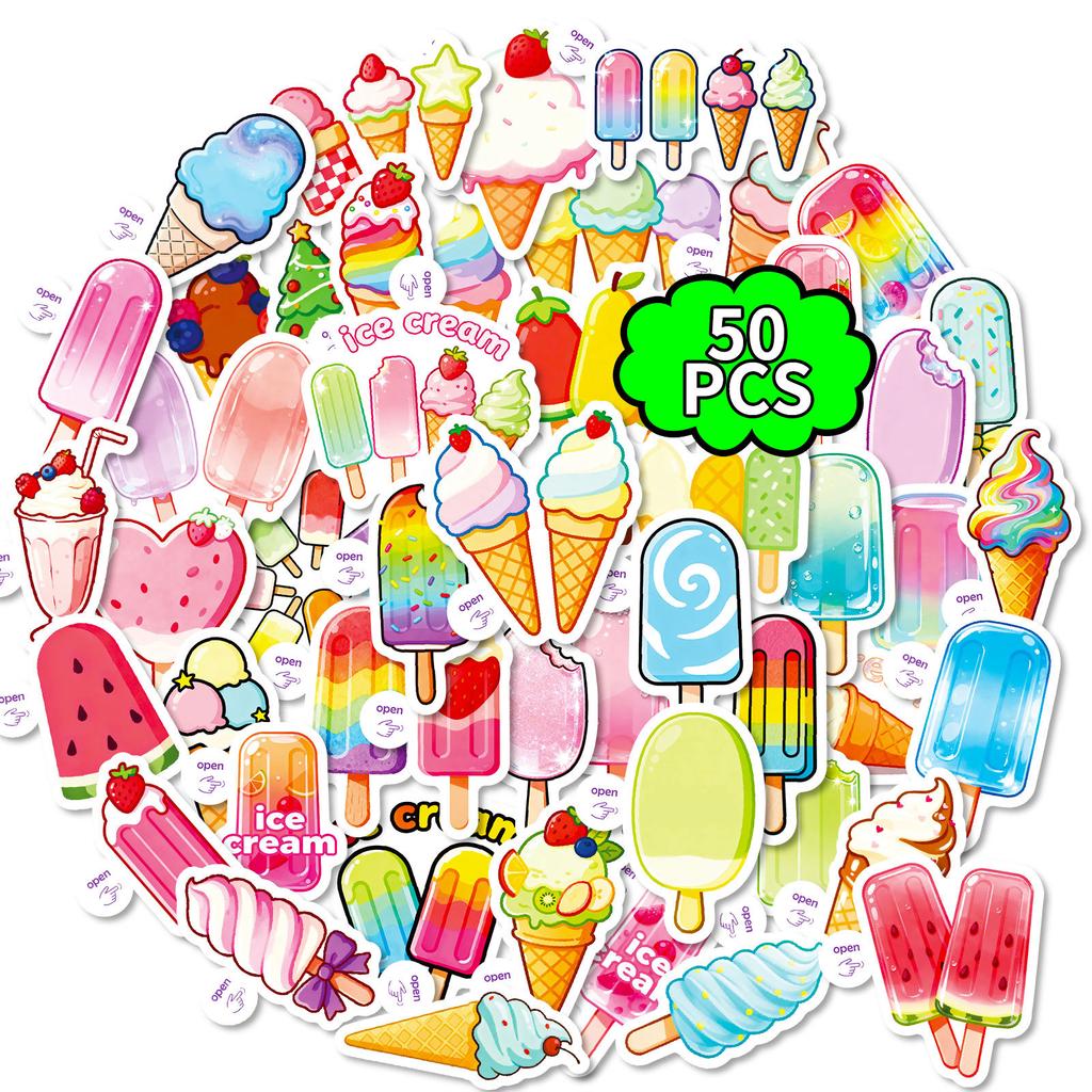 50 Macaron Cones Ice Cream Popsicles Cartoon Graffiti Stickers Easy Tear Small Handles Stickers Diary Decoration