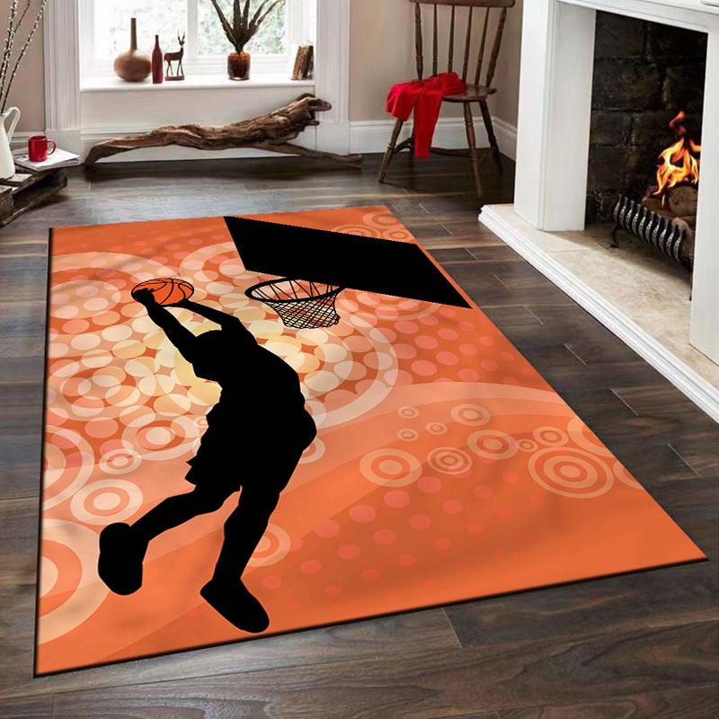 Basketball Dunk Silhouette on Orange Background Non-slip rug suitable for living room and bedroom sofas